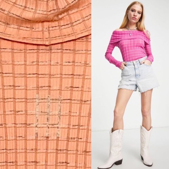 NWT FREE PEOPLE Ribbed Knit Striped Off Shoulder Après-ski Peach Sweater Top XS - Picture 4 of 13